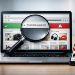 Pessoa analisando um site no notebook com foco na barra de endereço e clima de verificação de segurança online