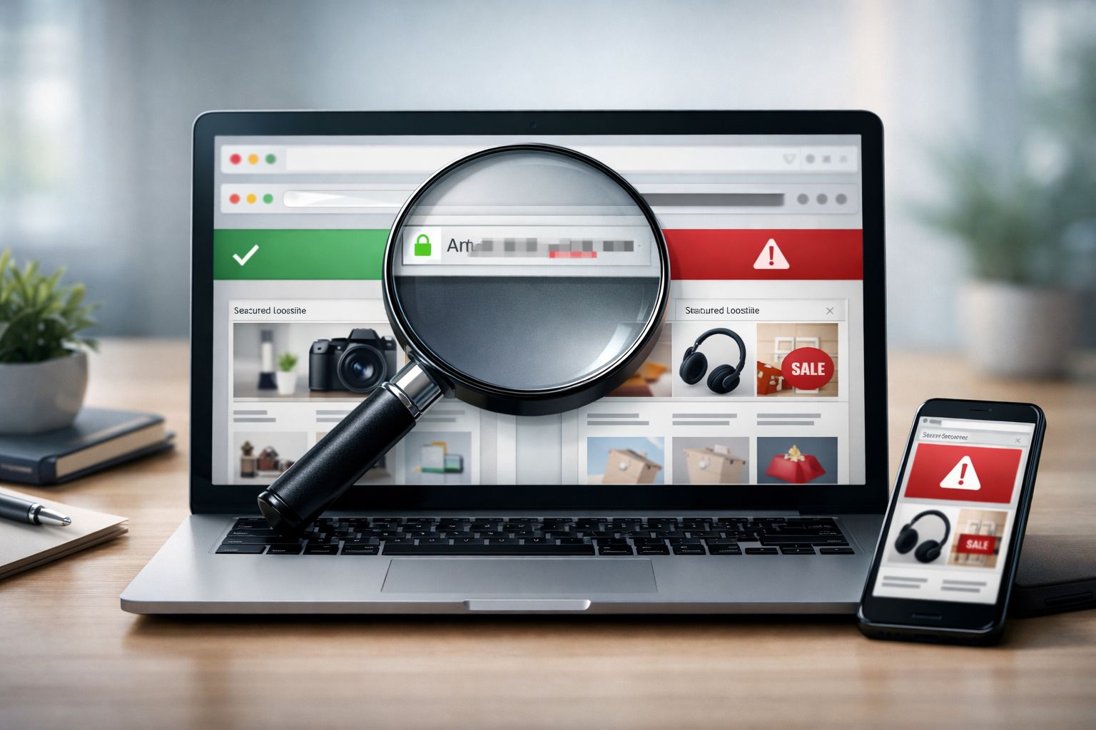 Pessoa analisando um site no notebook com foco na barra de endereço e clima de verificação de segurança online