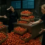 Balcão de cafeteria em caos com caixas de tomate empilhadas, funcionários frustrados e telas de IA ao fundo.