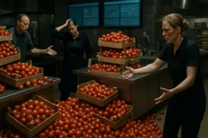 Balcão de cafeteria em caos com caixas de tomate empilhadas, funcionários frustrados e telas de IA ao fundo.