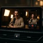 Painel de carro moderno exibindo widgets Android 17 ao lado de estúdio de criador de conteúdo com iluminação profissional.