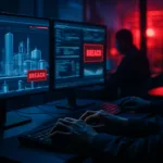 Sala de controle com telas de monitoramento iluminadas, luzes de emergência azuis e vermelhas, analistas trabalhando em computadores.