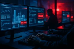 Sala de controle com telas de monitoramento iluminadas, luzes de emergência azuis e vermelhas, analistas trabalhando em computadores.