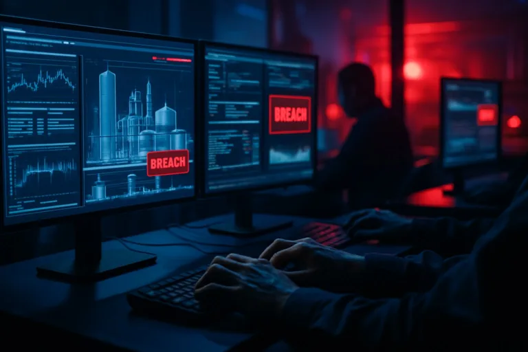 Hackers invadem sistema de combustível dos EUA; Irã é suspeito 7 Sala de controle com telas de monitoramento iluminadas, luzes de emergência azuis e vermelhas, analistas trabalhando em computadores.