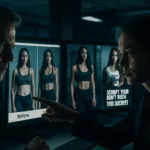 Jornalistas investigam em newsroom moderno anúncios falsos de instrutores fitness gerados por IA em telas digitais.