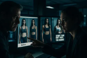 Jornalistas investigam em newsroom moderno anúncios falsos de instrutores fitness gerados por IA em telas digitais.