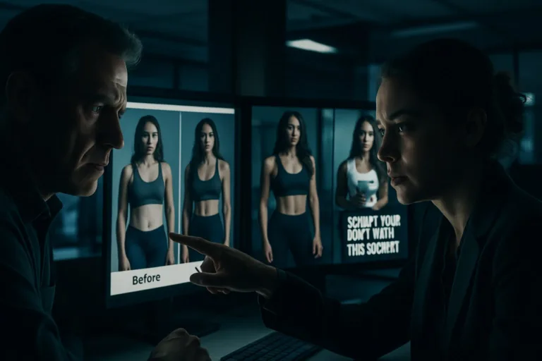 Instrutores fitness IA: BBC expõe esquema de anúncios falsos 4 Jornalistas investigam em newsroom moderno anúncios falsos de instrutores fitness gerados por IA em telas digitais.