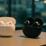 Fones de ouvido OPPO Enco Buds3 e Pro em superfície minimalista com iluminação estúdio profissional destacando design premium.