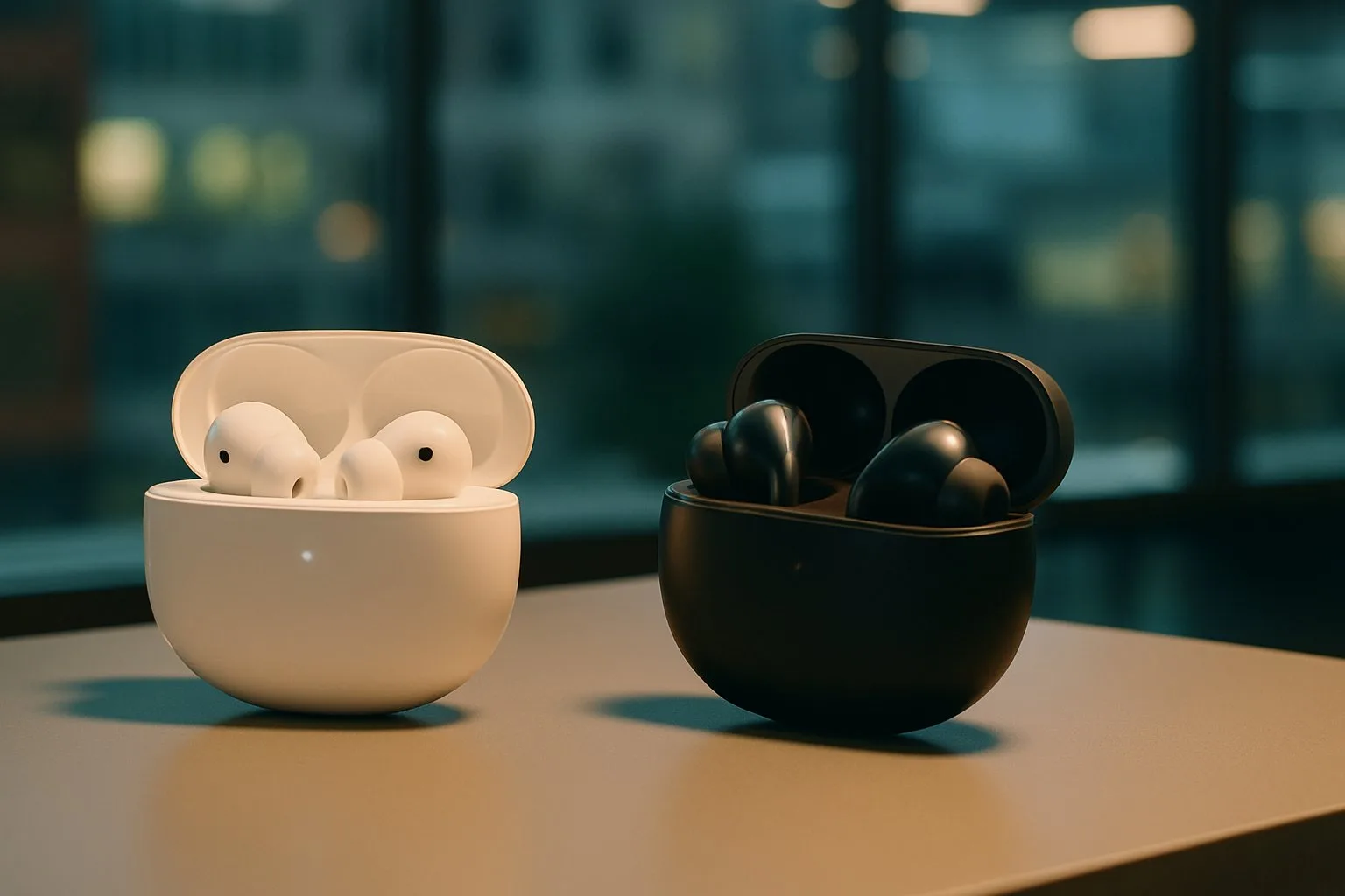 Fones de ouvido OPPO Enco Buds3 e Pro em superfície minimalista com iluminação estúdio profissional destacando design premium.