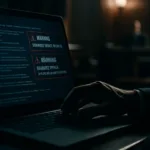 Tela de computador com códigos judiciais e alertas de segurança em luz azul, mão de advogado próxima ao teclado em escritório jurídico desfocado.