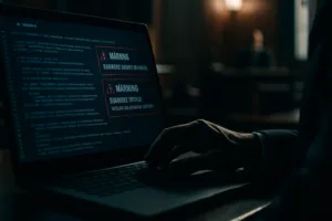 Tela de computador com códigos judiciais e alertas de segurança em luz azul, mão de advogado próxima ao teclado em escritório jurídico desfocado.