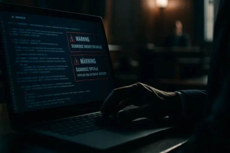 Prompt injection TRT-8: primeira multa do Brasil por IA 3 Tela de computador com códigos judiciais e alertas de segurança em luz azul, mão de advogado próxima ao teclado em escritório jurídico desfocado.