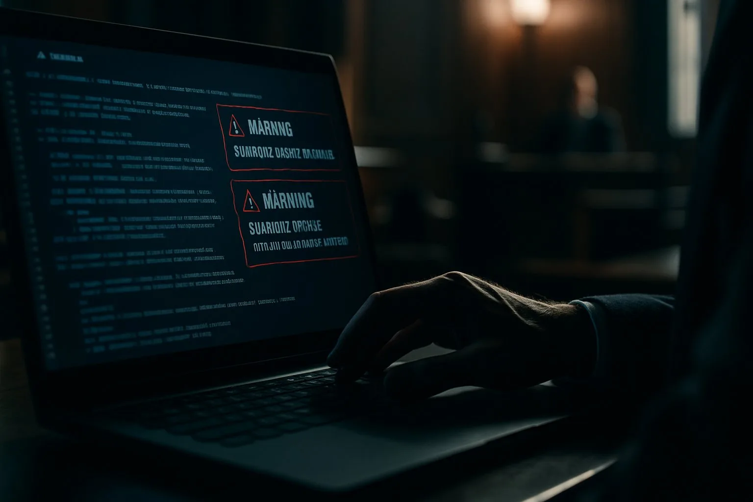 Prompt injection TRT-8: primeira multa do Brasil por IA 1 Tela de computador com códigos judiciais e alertas de segurança em luz azul, mão de advogado próxima ao teclado em escritório jurídico desfocado.
